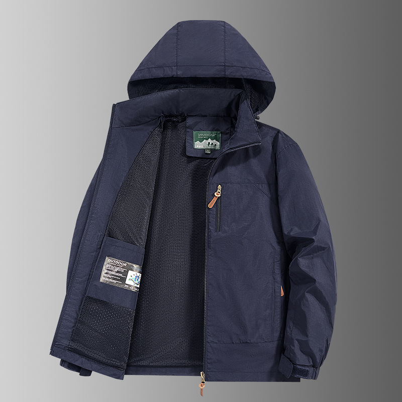 Férfi kapucnis vízálló dzseki, légáteresztő poliészter keverék anyagból, cipzáras, több zseb, tavasz-ősz