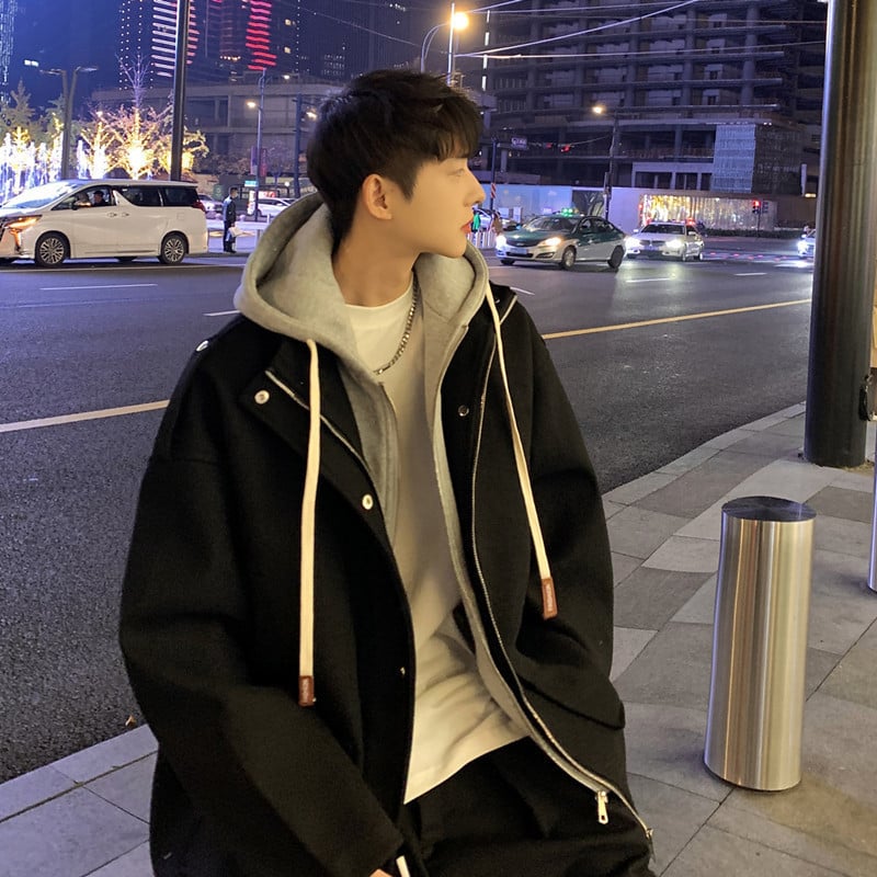 Férfi pamut kapucnis dzseki, lazább szabású, hosszú kialakítás 80–100 cm