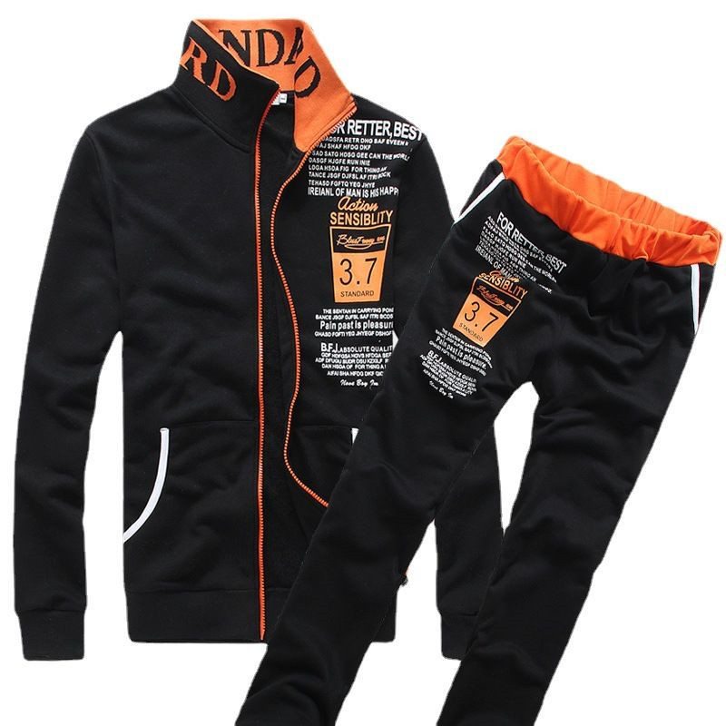 Férfi pulóver készlet – Koreai stílusú Slim-Fit, betűs mintázat, álló gallér, cipzár, 65% pamut, 35% poliészter