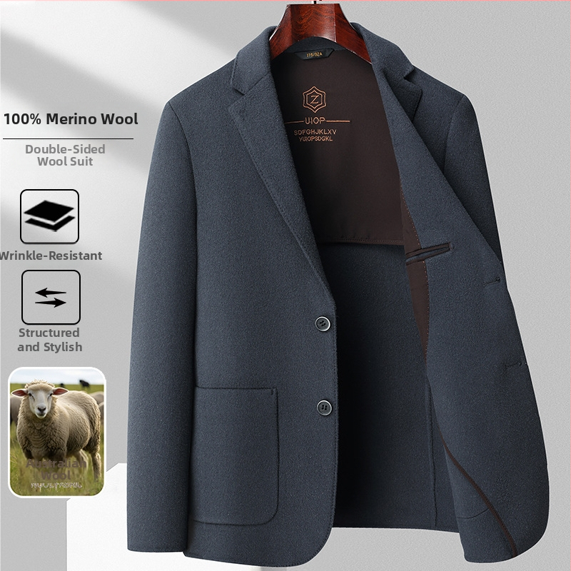 Мъжко двустранно палто от 100% чиста овча вълна, зимно, бизнес стил; еднобортно закопчаване; прилягащ силует; основна материя: вълна 96%+; подплата: полиестер; яка: костюмна