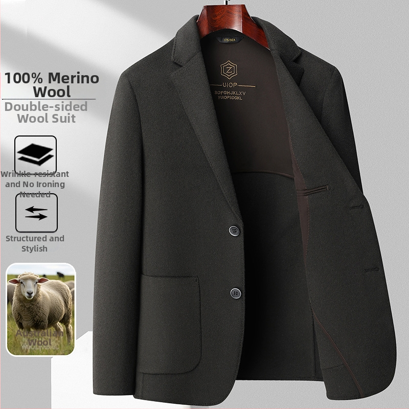Мъжко двустранно палто от 100% чиста овча вълна, зимно, бизнес стил; еднобортно закопчаване; прилягащ силует; основна материя: вълна 96%+; подплата: полиестер; яка: костюмна