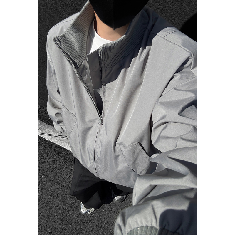 Férfi dzseki koreai stílusban, pamutkeverék anyag, raglán ujj, cipzár, gallér nélküli kivitel