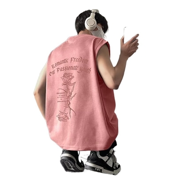 Férfi ujjatlan T-shirt-vest, japán retro stílus, laza szabás, kefézett Vinylon‑polyészter anyaga, nyár 2024