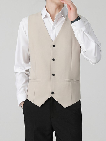 Brit stílusú férfi mellény tavasz–őszre, üzleti casual, karcsú szabás, öltöny gallér, egyrészes gombolás, poliészter