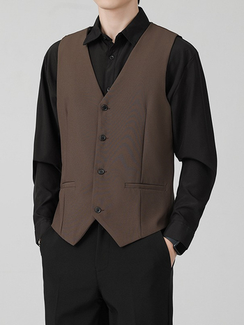Brit stílusú férfi mellény tavasz–őszre, üzleti casual, karcsú szabás, öltöny gallér, egyrészes gombolás, poliészter