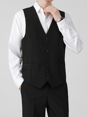 Brit stílusú férfi mellény tavasz–őszre, üzleti casual, karcsú szabás, öltöny gallér, egyrészes gombolás, poliészter