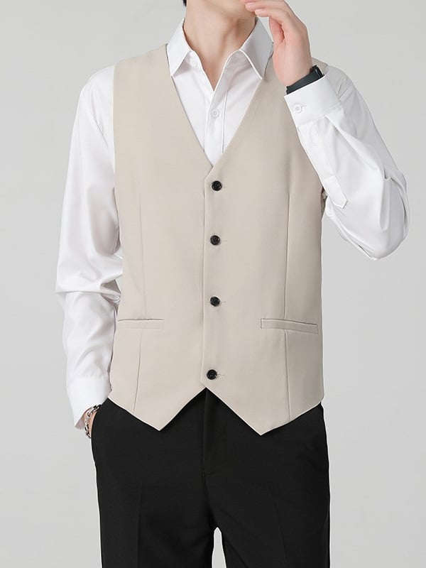 Brit stílusú férfi mellény tavasz–őszre, üzleti casual, karcsú szabás, öltöny gallér, egyrészes gombolás, poliészter
