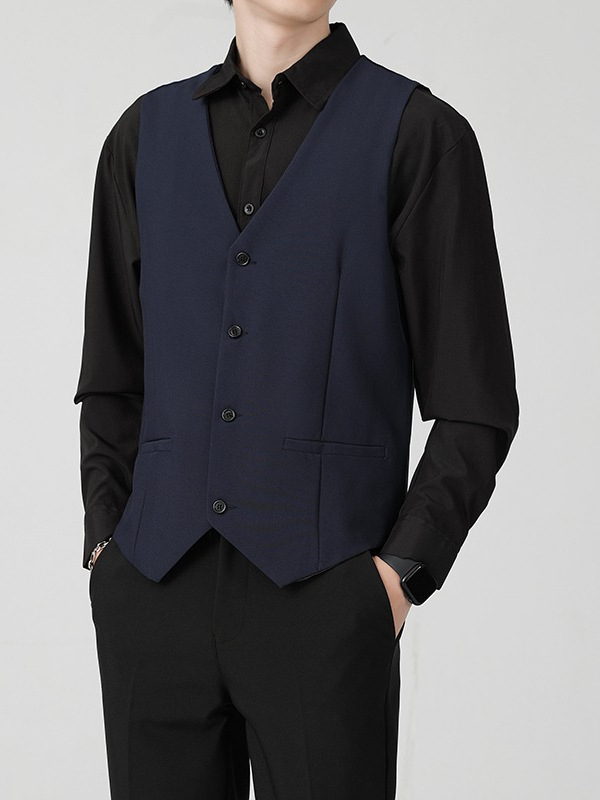 Brit stílusú férfi mellény tavasz–őszre, üzleti casual, karcsú szabás, öltöny gallér, egyrészes gombolás, poliészter