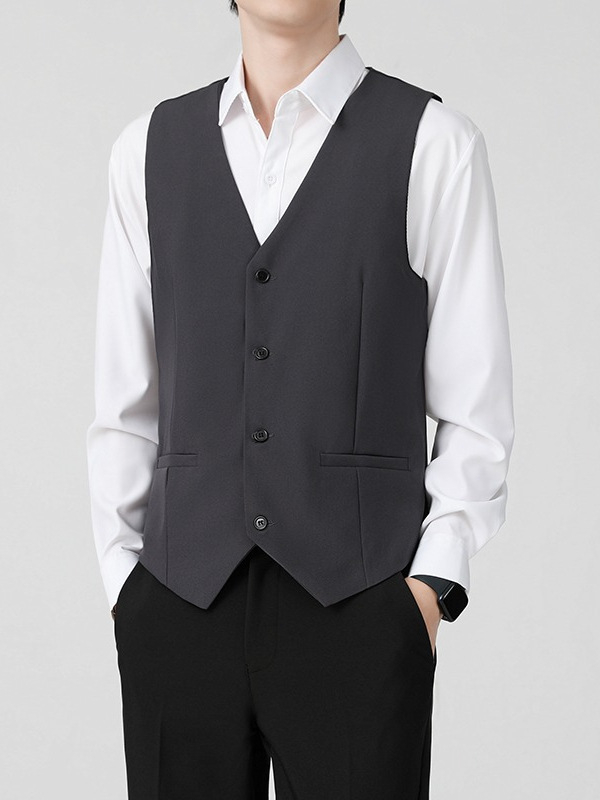 Brit stílusú férfi mellény tavasz–őszre, üzleti casual, karcsú szabás, öltöny gallér, egyrészes gombolás, poliészter