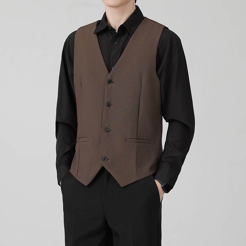 Brit stílusú férfi mellény tavasz–őszre, üzleti casual, karcsú szabás, öltöny gallér, egyrészes gombolás, poliészter