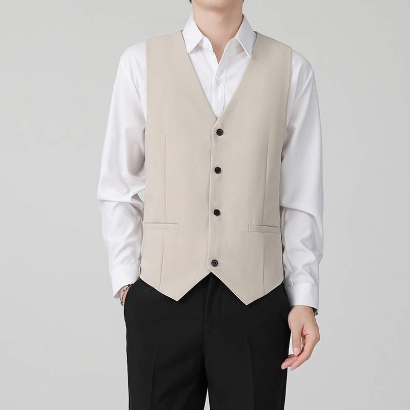 Brit stílusú férfi mellény tavasz–őszre, üzleti casual, karcsú szabás, öltöny gallér, egyrészes gombolás, poliészter