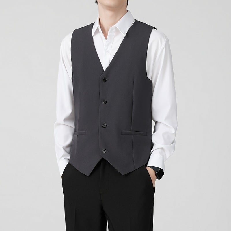 Brit stílusú férfi mellény tavasz–őszre, üzleti casual, karcsú szabás, öltöny gallér, egyrészes gombolás, poliészter