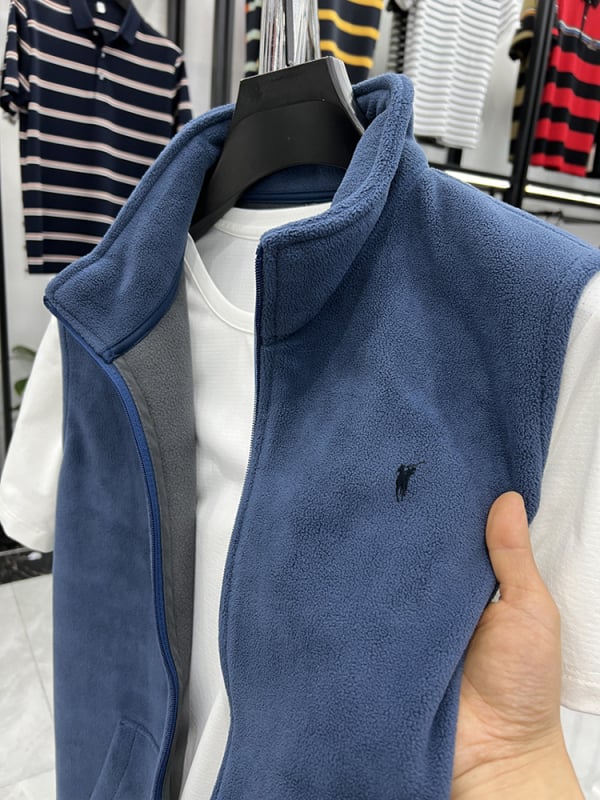 Férfi kapucnis fleecemellény cipzárral - álló gallér, egyszínű poliészter, vékony anyag