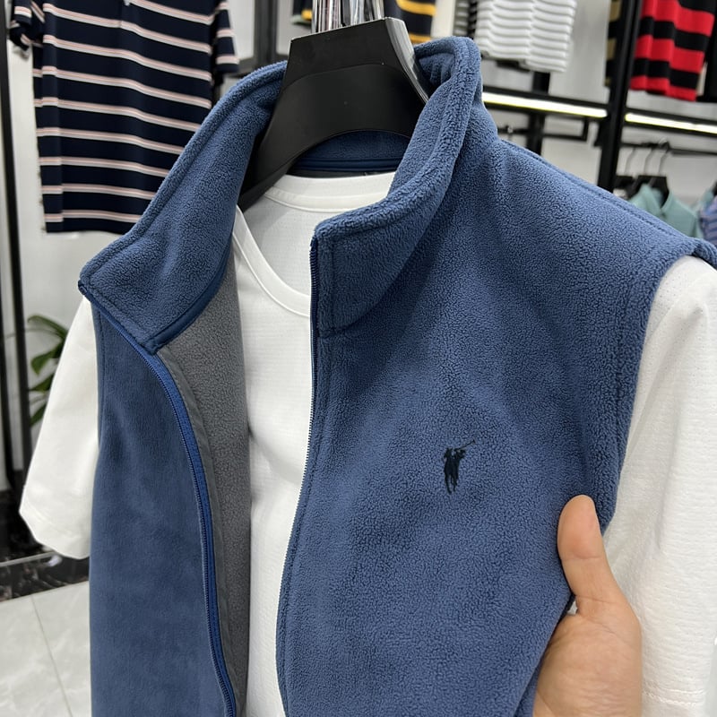 Férfi kapucnis fleecemellény cipzárral - álló gallér, egyszínű poliészter, vékony anyag