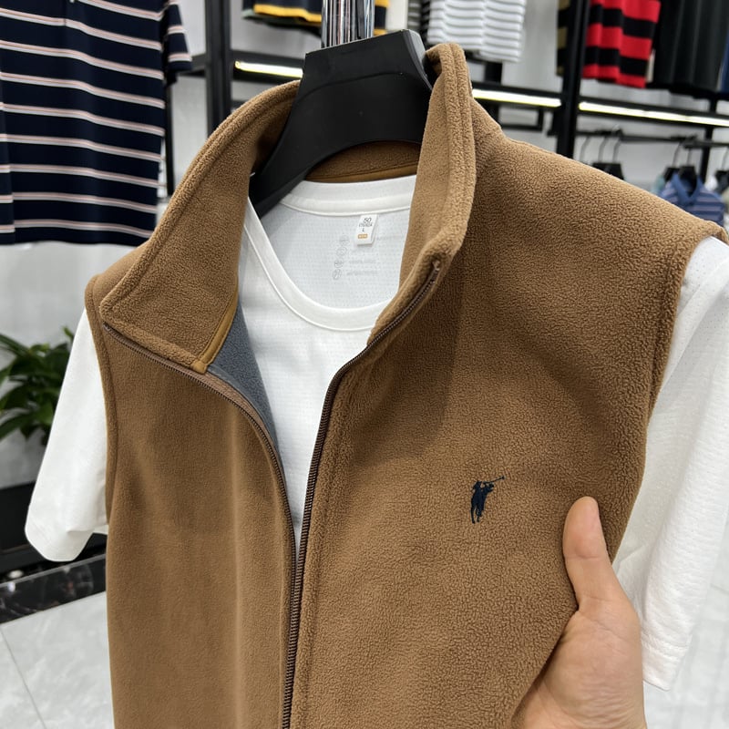 Férfi kapucnis fleecemellény cipzárral - álló gallér, egyszínű poliészter, vékony anyag