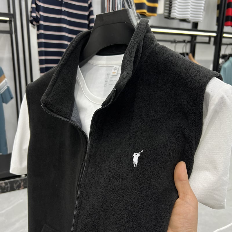 Férfi kapucnis fleecemellény cipzárral - álló gallér, egyszínű poliészter, vékony anyag