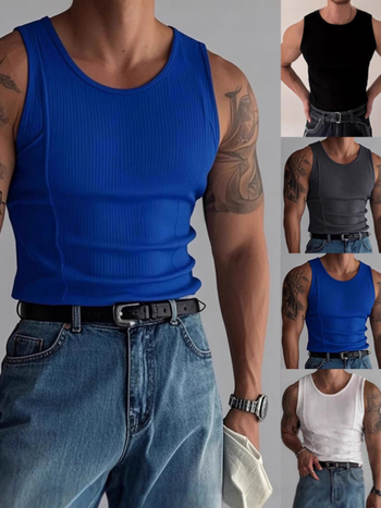 Vīriešu sporta veste bez piedurknēm ar vertikālām svītrām, 90% poliesteris, apaļš kakla izgriezums, pieguļošs siluets