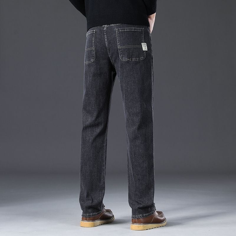 Férfi denimnadrág egyenes szabású, magas derék, cipzáras zárás, több zseb
