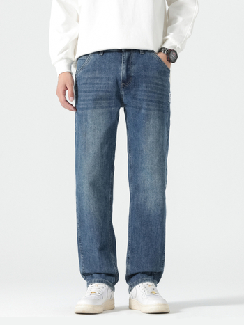 Férfi egyenes szabású farmernadrág, magas derék, pamut anyag, cipzár