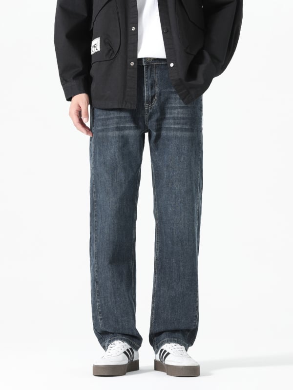 Férfi egyenes szabású farmernadrág, magas derék, pamut anyag, cipzár