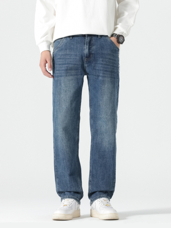 Férfi egyenes szabású farmernadrág, magas derék, pamut anyag, cipzár