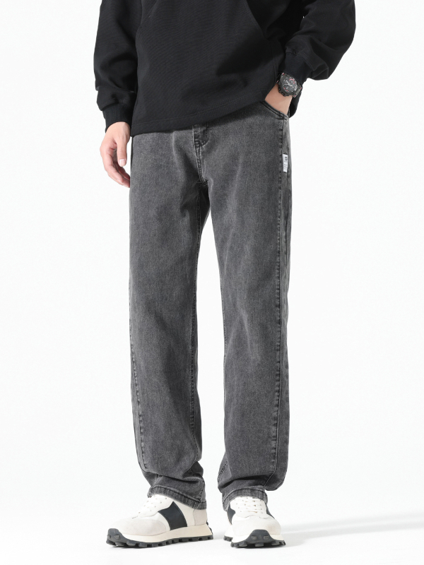 Férfi egyenes szabású farmernadrág, magas derék, pamut anyag, cipzár