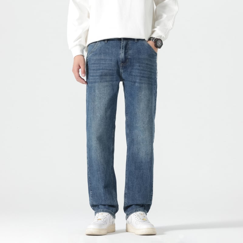 Férfi egyenes szabású farmernadrág, magas derék, pamut anyag, cipzár