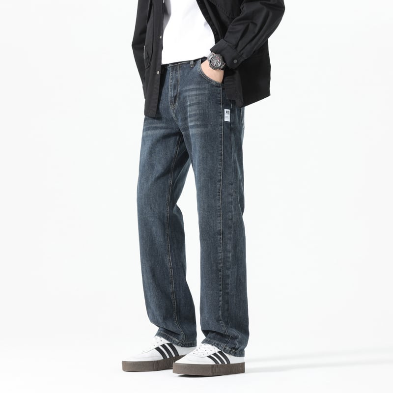 Férfi egyenes szabású farmernadrág, magas derék, pamut anyag, cipzár