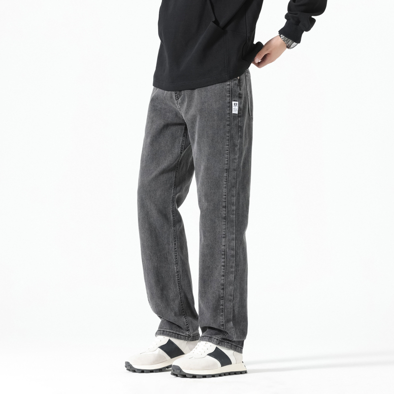 Férfi egyenes szabású farmernadrág, magas derék, pamut anyag, cipzár