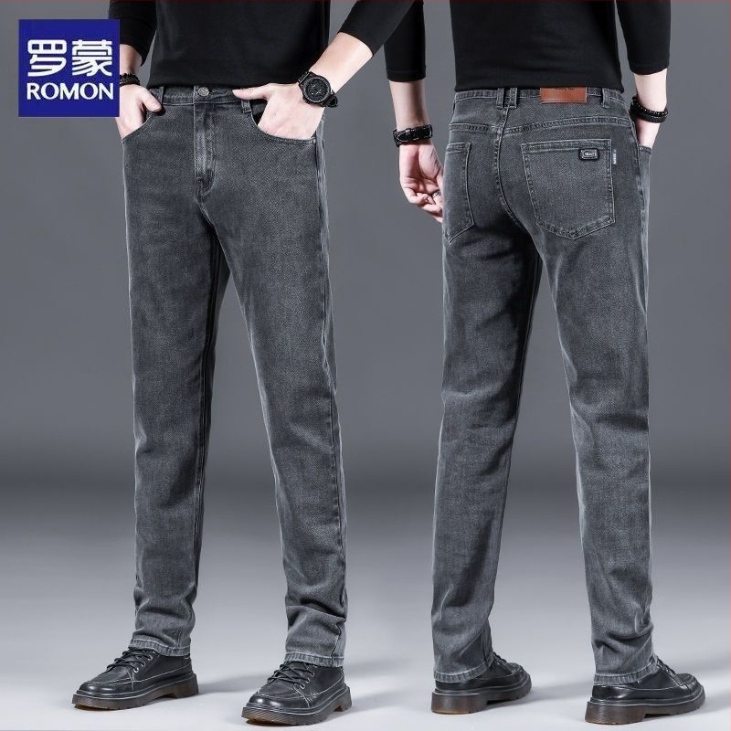 Romon muške traperice s flisom, jesen-zima, elastične, uski ravni kroj, boja pepeljasto siva