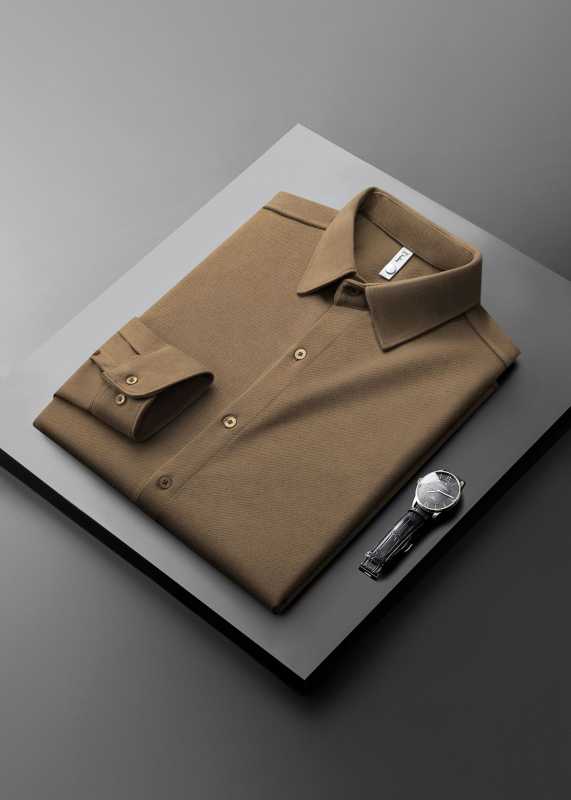 Muška košulja slim-fit, bez glađenja, poliester vlakna, ovratnik s reverom, dugi rukav