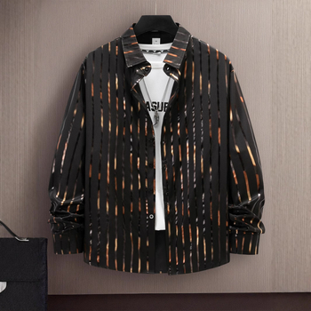 Marškiniai su dryžių raštu - apykaklė su lapeliu, ilgomis rankovėmis, bronzavimo būdas, laisvas kirpimas