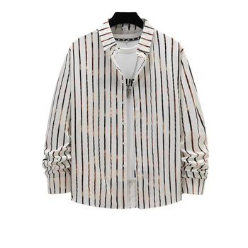 Marškiniai su dryžių raštu - apykaklė su lapeliu, ilgomis rankovėmis, bronzavimo būdas, laisvas kirpimas