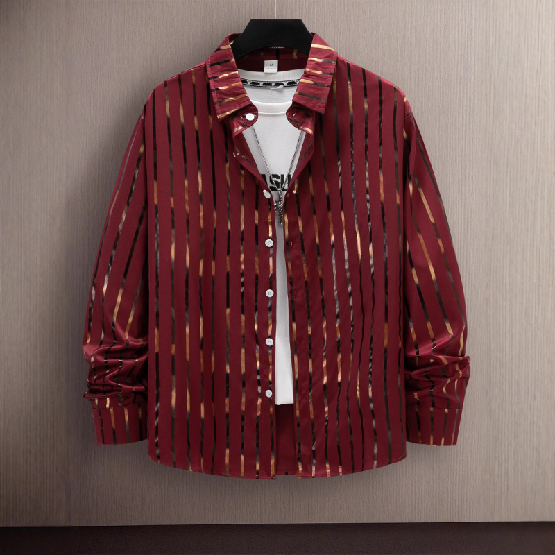 Marškiniai su dryžių raštu - apykaklė su lapeliu, ilgomis rankovėmis, bronzavimo būdas, laisvas kirpimas