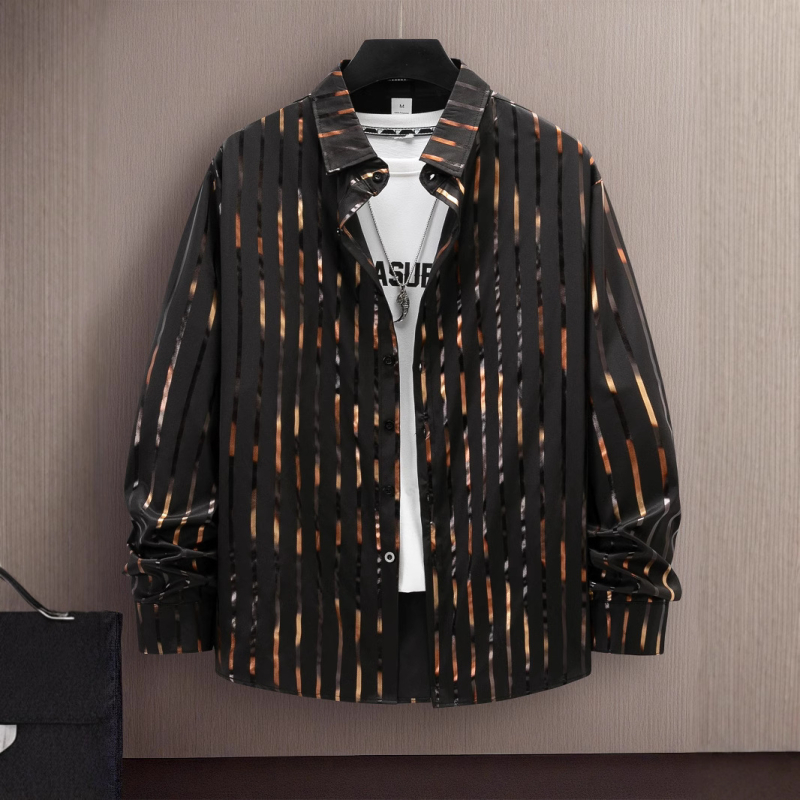 Marškiniai su dryžių raštu - apykaklė su lapeliu, ilgomis rankovėmis, bronzavimo būdas, laisvas kirpimas