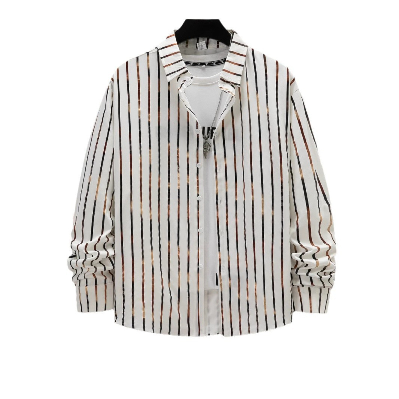 Marškiniai su dryžių raštu - apykaklė su lapeliu, ilgomis rankovėmis, bronzavimo būdas, laisvas kirpimas