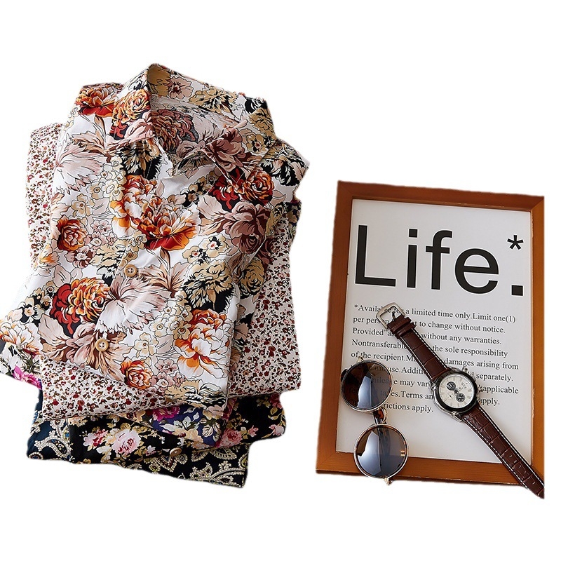 Vyriski marškiniai su ilgomis rankovėmis, Korėjos stilius, siauras siluetas, gėlių raštas, medvilnės mišinys