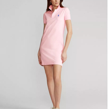 Γυναικείο φόρεμα με polo γιακά, βαμβακερό πικέ ύφασμα, ίσια γραμμή, κοντά μανίκια, midi μήκος