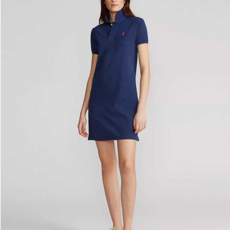 Γυναικείο φόρεμα με polo γιακά, βαμβακερό πικέ ύφασμα, ίσια γραμμή, κοντά μανίκια, midi μήκος