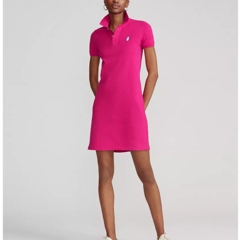 Γυναικείο φόρεμα με polo γιακά, βαμβακερό πικέ ύφασμα, ίσια γραμμή, κοντά μανίκια, midi μήκος