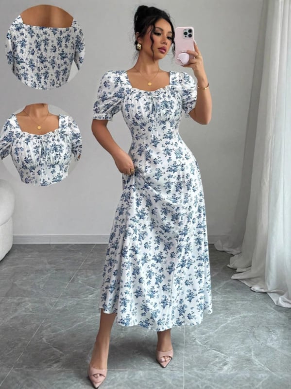 Haljina s puff rukavima i volanima, srednje duljine, poliester, U-oblik vrat, elegantan klasičan stil