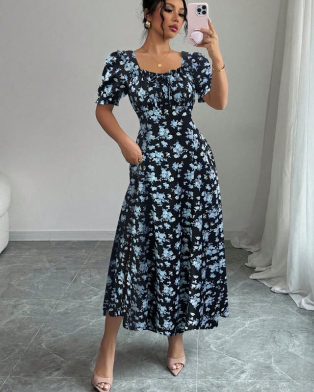 Haljina s puff rukavima i volanima, srednje duljine, poliester, U-oblik vrat, elegantan klasičan stil