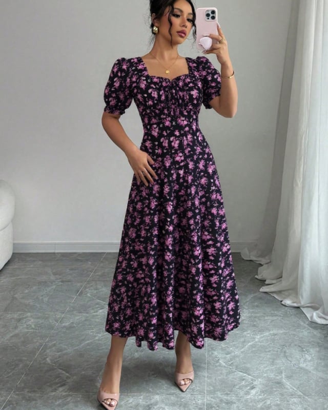 Haljina s puff rukavima i volanima, srednje duljine, poliester, U-oblik vrat, elegantan klasičan stil
