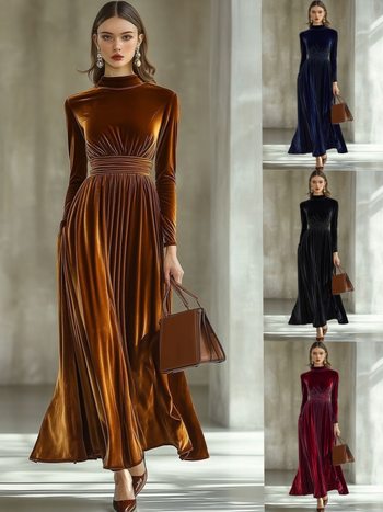 Női arany bársony hosszú ujjú ruha, elastikus derékkal és széles, hosszú szoknyával