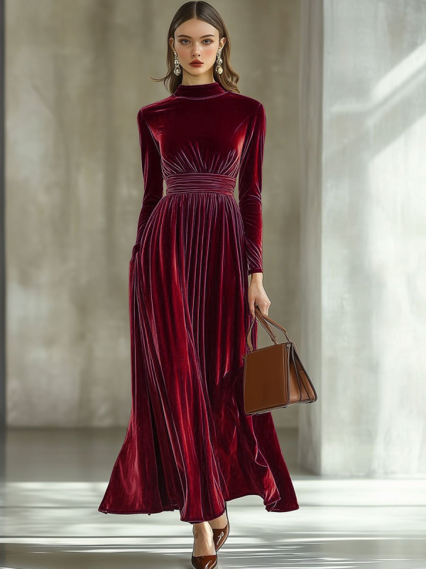 Női arany bársony hosszú ujjú ruha, elastikus derékkal és széles, hosszú szoknyával