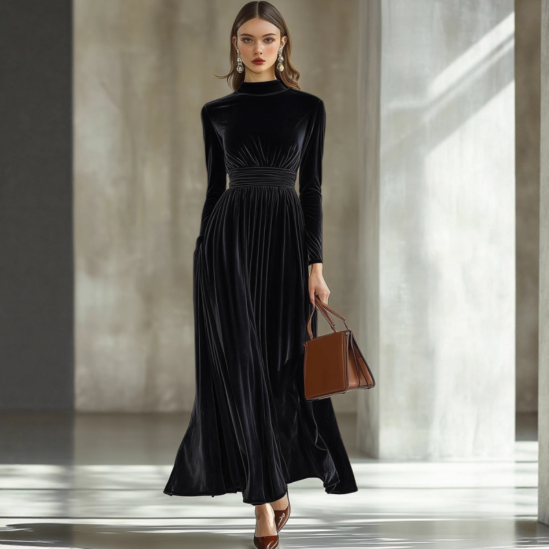 Női arany bársony hosszú ujjú ruha, elastikus derékkal és széles, hosszú szoknyával