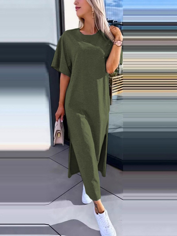 Полиестерна рокля с разрез, кръгла яка, едноцветна, дълга пола