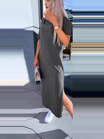 Полиестерна рокля с разрез, кръгла яка, едноцветна, дълга пола