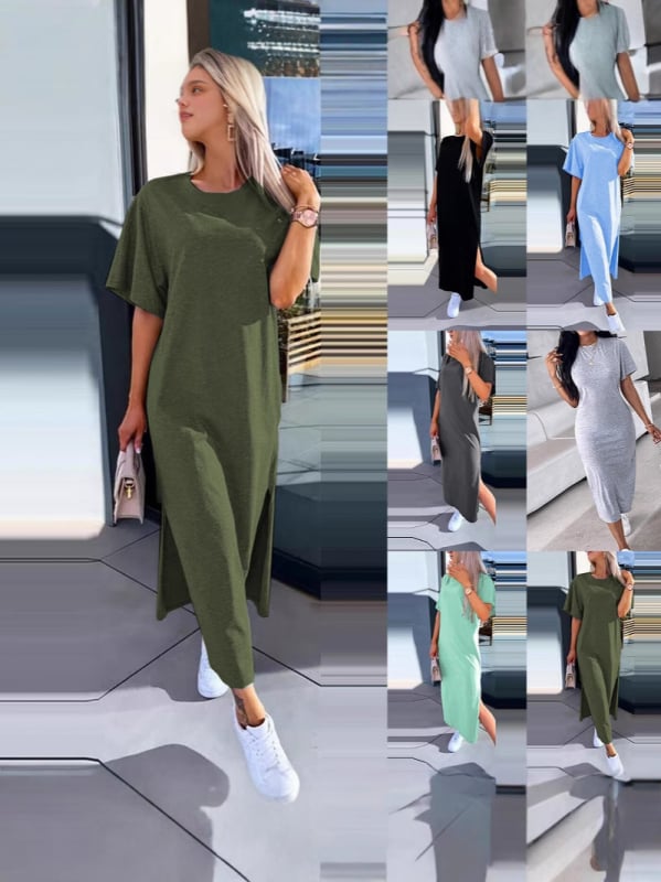 Полиестерна рокля с разрез, кръгла яка, едноцветна, дълга пола