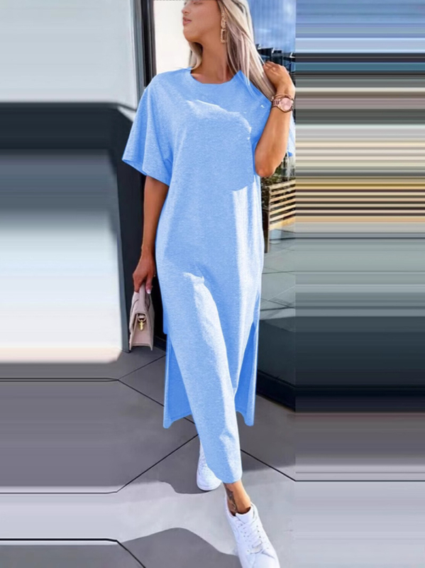 Полиестерна рокля с разрез, кръгла яка, едноцветна, дълга пола